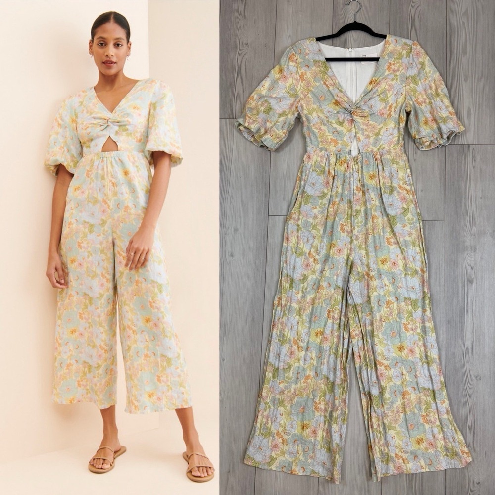 Anthropologie Sancia The Aida Floral Jumsuit Small Wideleg Linen Floral Cutout